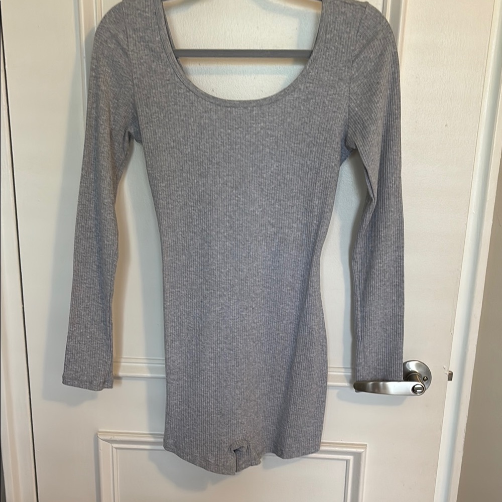 Gray Ribbed Long Sleeve Bodysuit